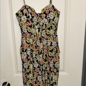 AUW Black Floral Midi Romper with White, Yellow & Peach Daisies